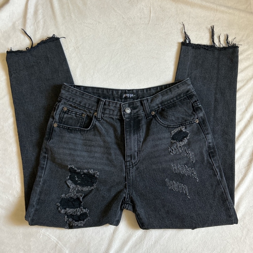Nasty Gal Black Denim Ripped Straight Leg Jeans
